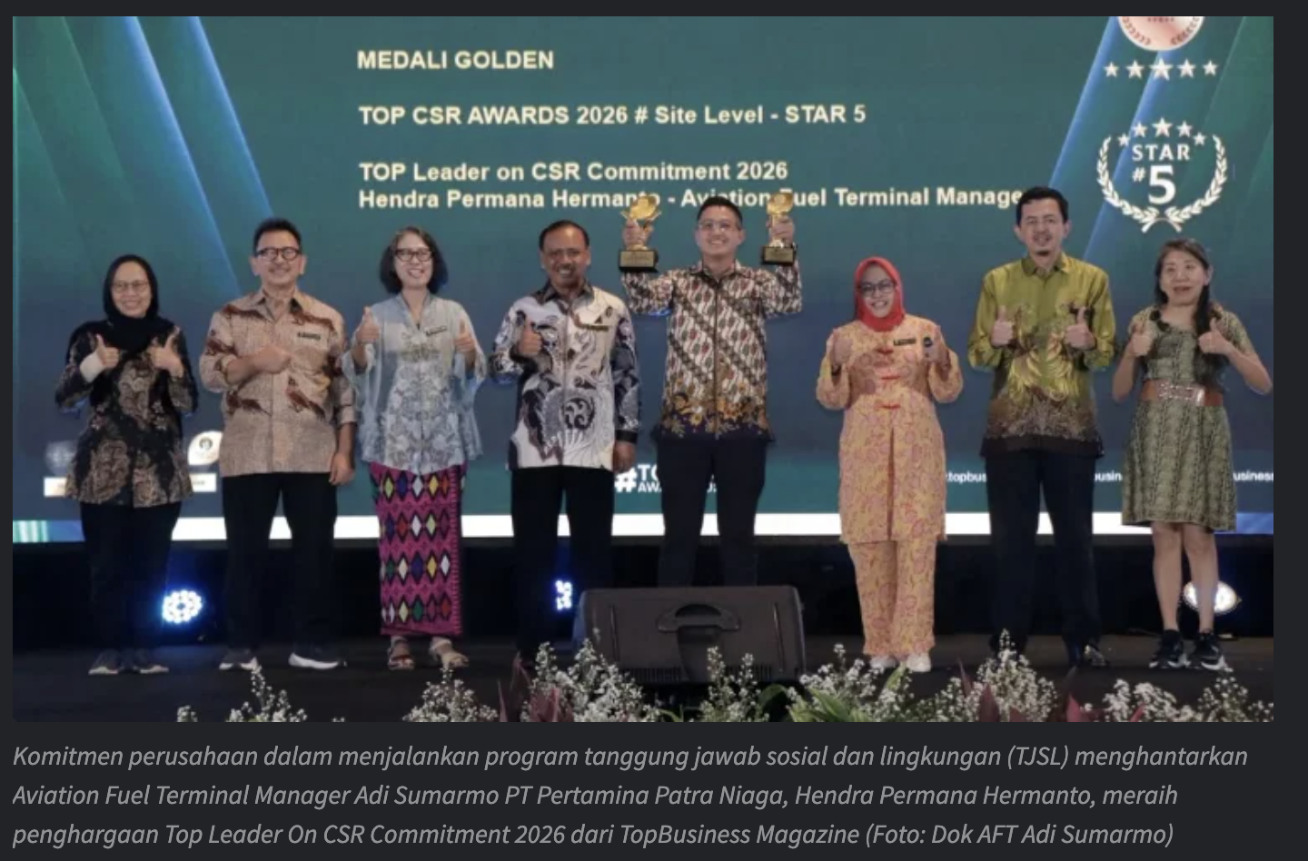Aviation Fuel Terminal (AFT) Manager Adi Sumarmo PT Pertamina Patra Niaga Raih Top Leader On CSR Commitment 2026